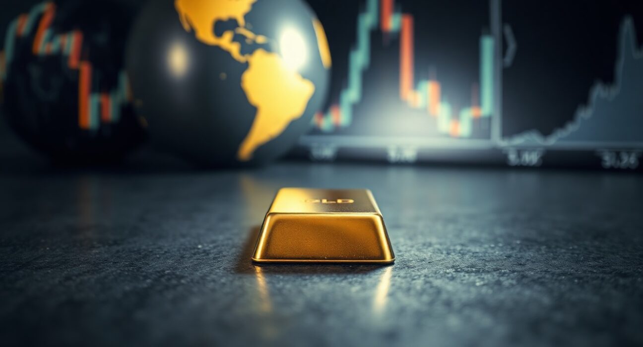 Close-up of a gold bar on a dark surface with financial charts in the background