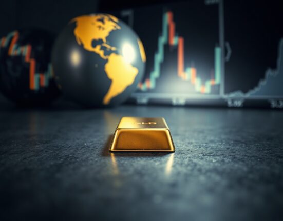 Close-up of a gold bar on a dark surface with financial charts in the background