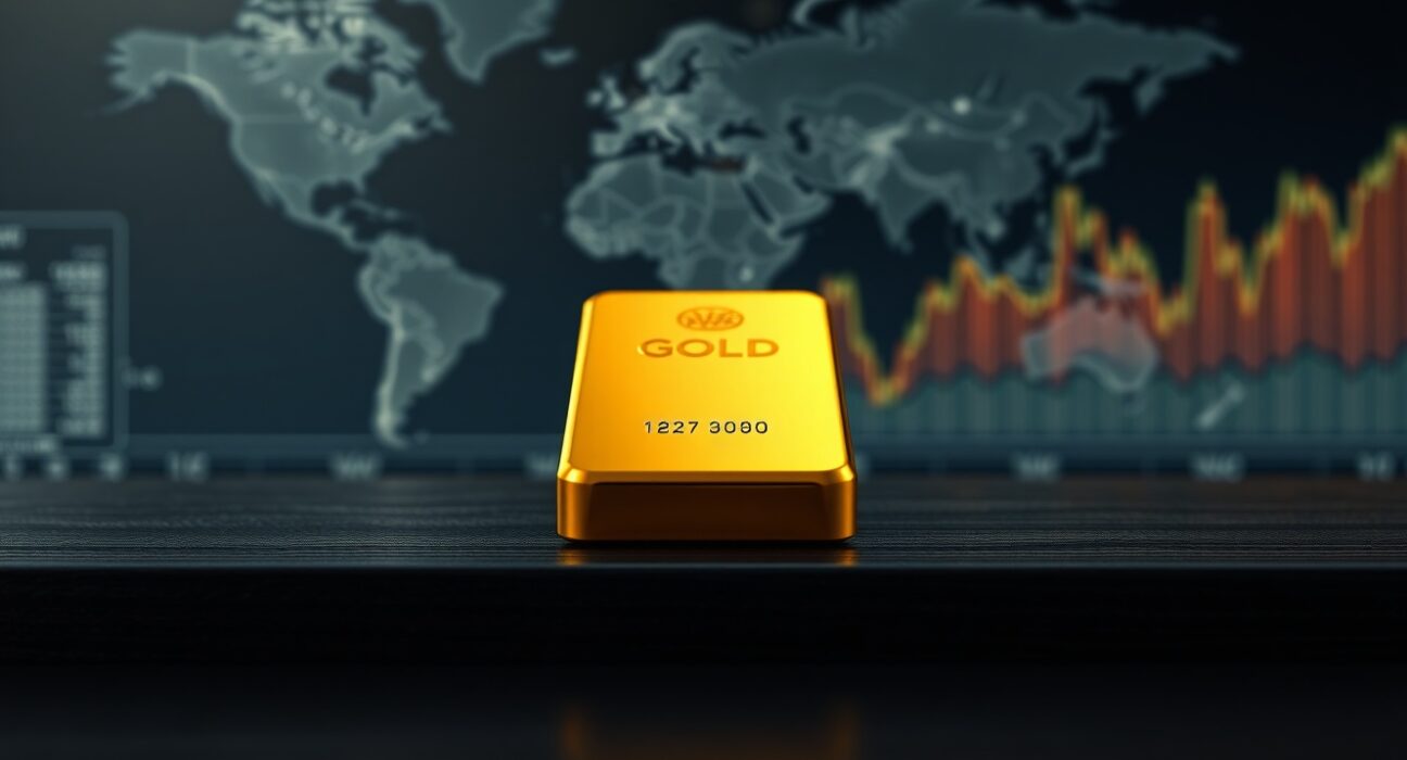 Gold bar on wooden surface with blurred financial charts in background