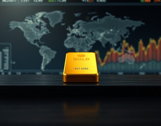 Gold bar on wooden surface with blurred financial charts in background