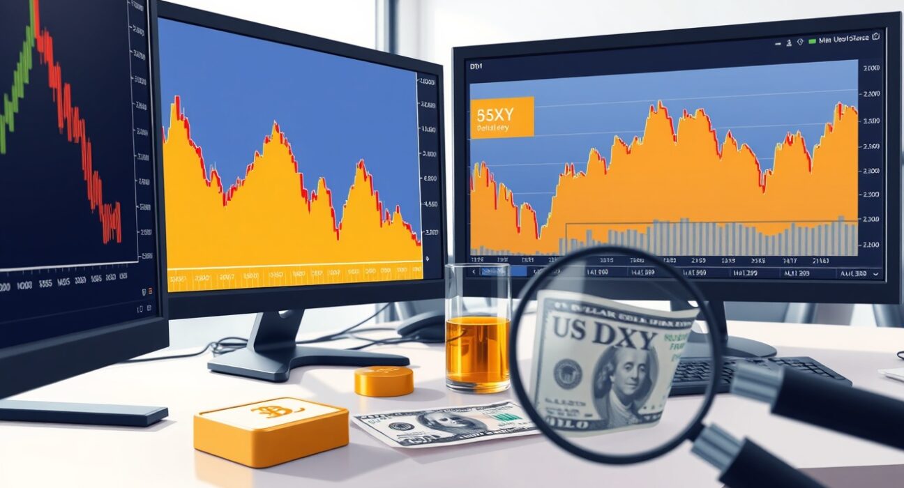 Gold price analysis chart comparison with oil and the US dollar on trading desk monitors.
