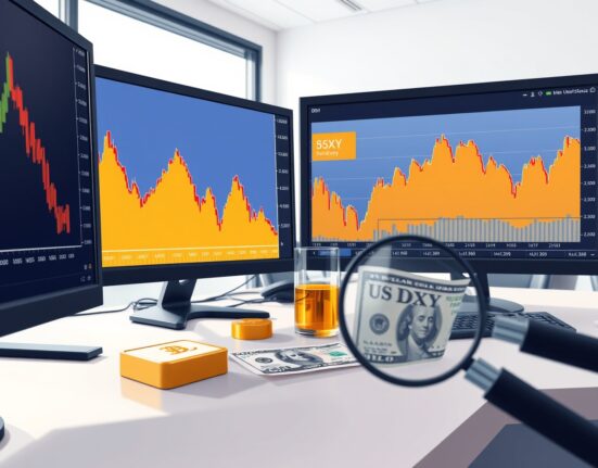 Gold price analysis chart comparison with oil and the US dollar on trading desk monitors.