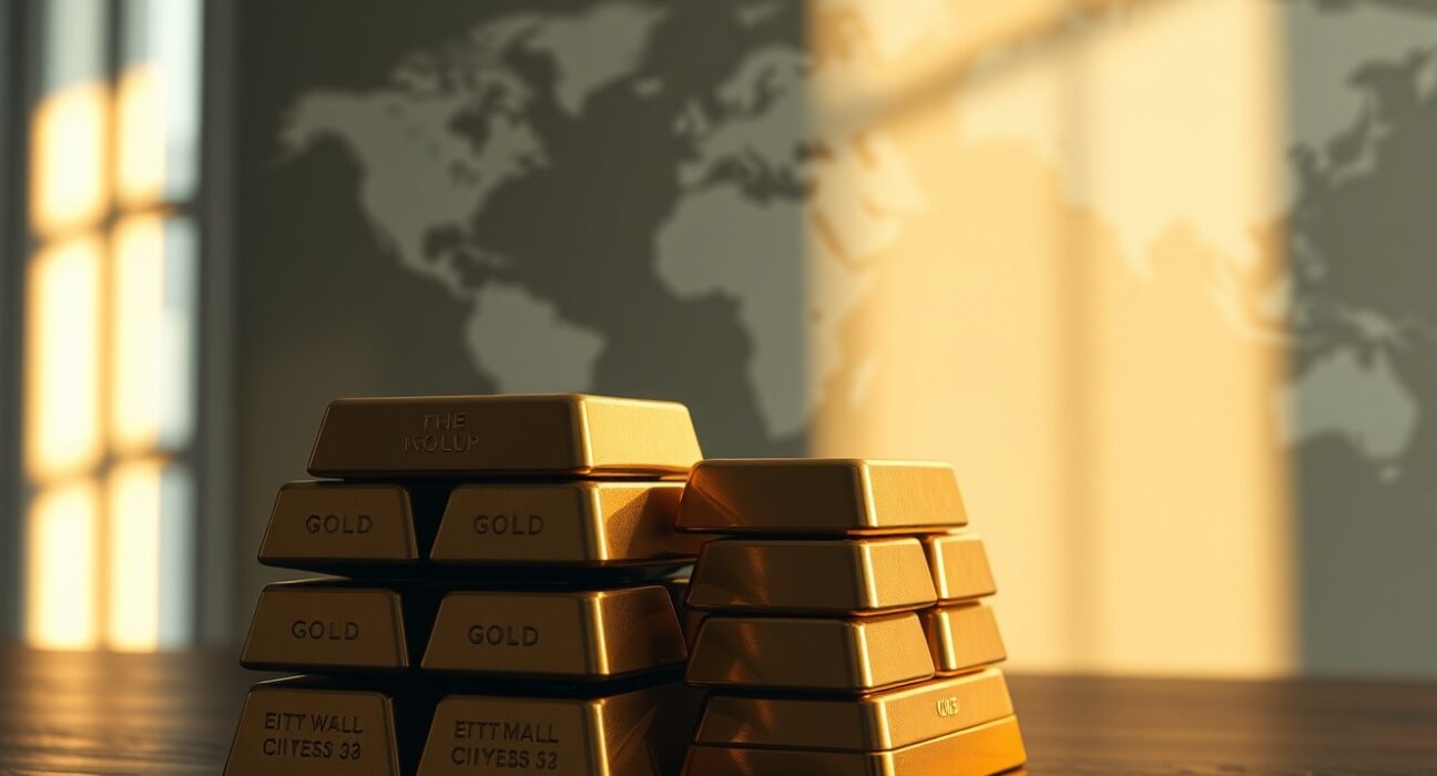 Stacked gold bars on dark surface with soft lighting, representing safe-haven demand amid geopolitical tensions and Fed policy uncertainty.