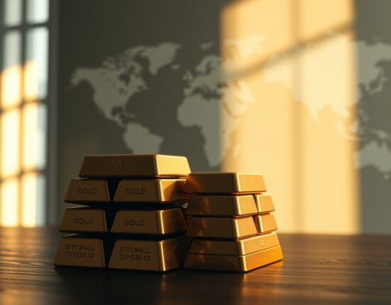 Stacked gold bars on dark surface with soft lighting, representing safe-haven demand amid geopolitical tensions and Fed policy uncertainty.
