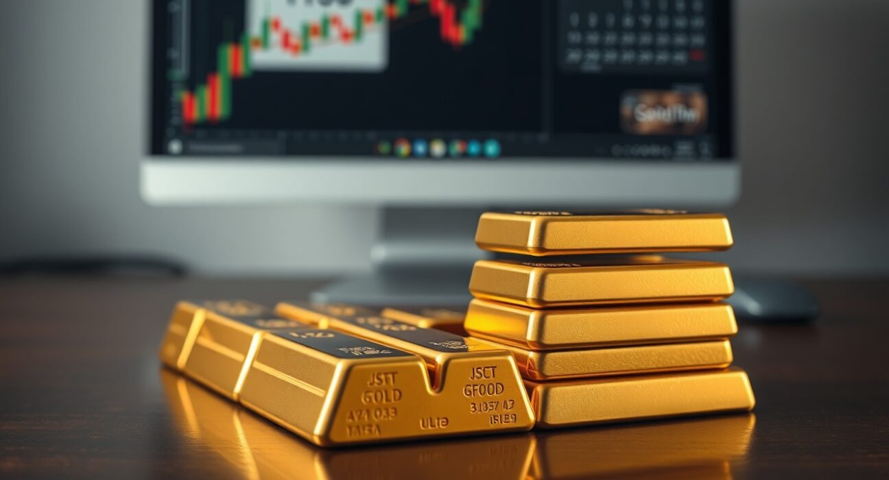 Stacked gold bars with a blurred financial chart and calendar in the background