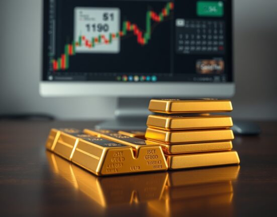 Stacked gold bars with a blurred financial chart and calendar in the background