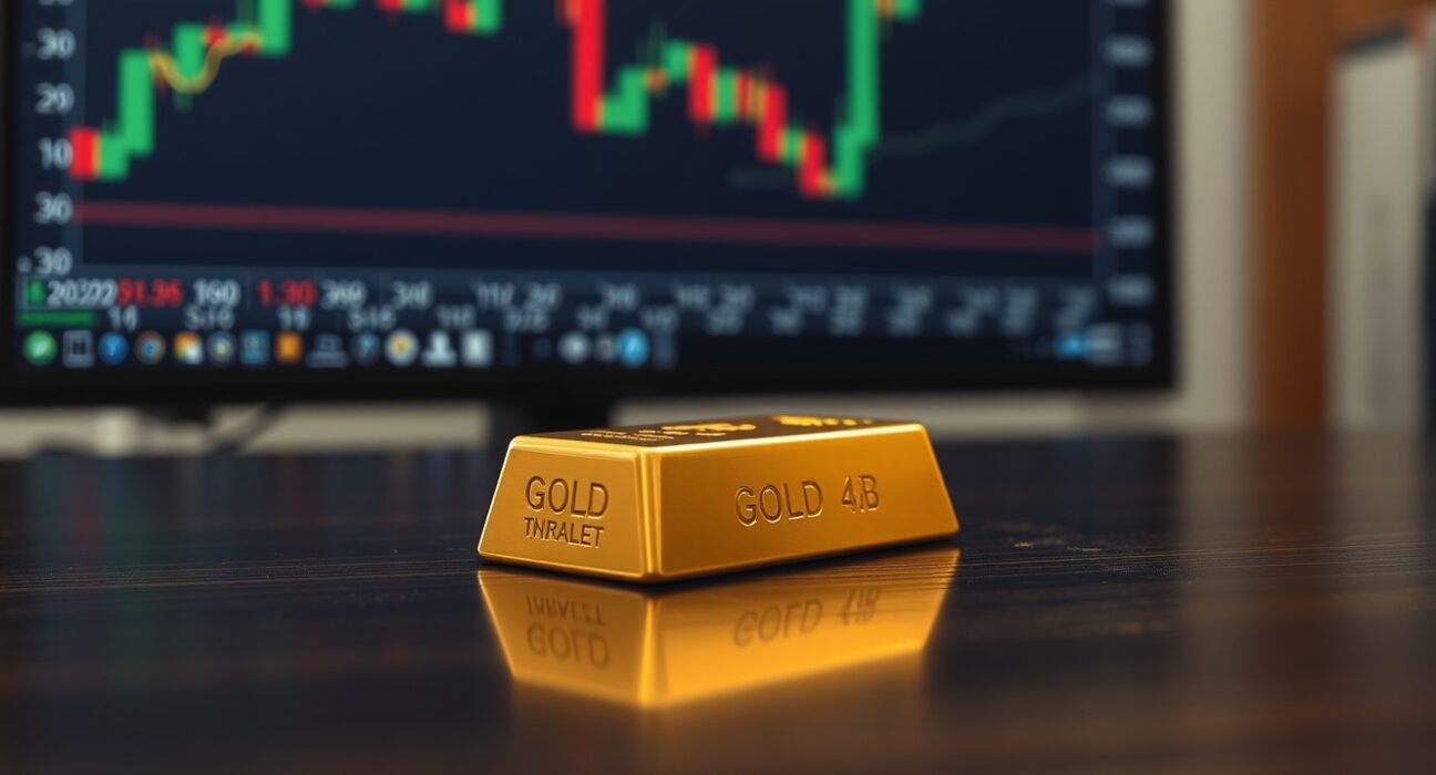 Gold bar on wooden surface with blurred financial chart in background