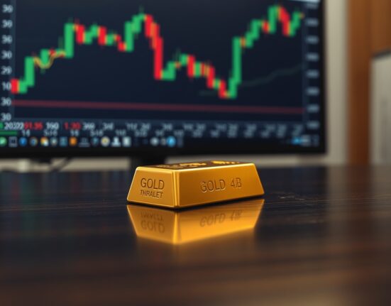 Gold bar on wooden surface with blurred financial chart in background
