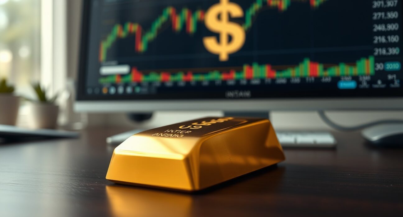 Gold bar on a desk with a financial chart and US Dollar symbol in the background.
