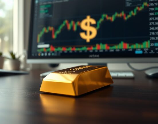 Gold bar on a desk with a financial chart and US Dollar symbol in the background.