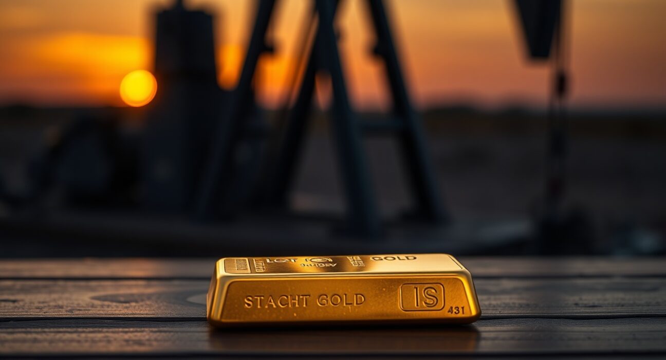 Gold bar resting on dark wood with oil pumpjack silhouette in background, representing precious metals and energy market correlation.
