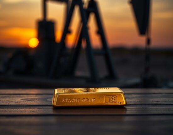 Gold bar resting on dark wood with oil pumpjack silhouette in background, representing precious metals and energy market correlation.