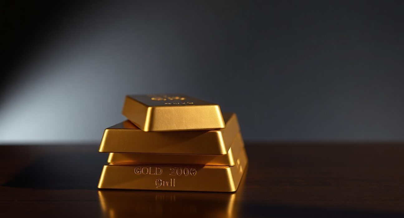 Stack of gold bullion bars on dark surface representing precious metals market amid inflation concerns