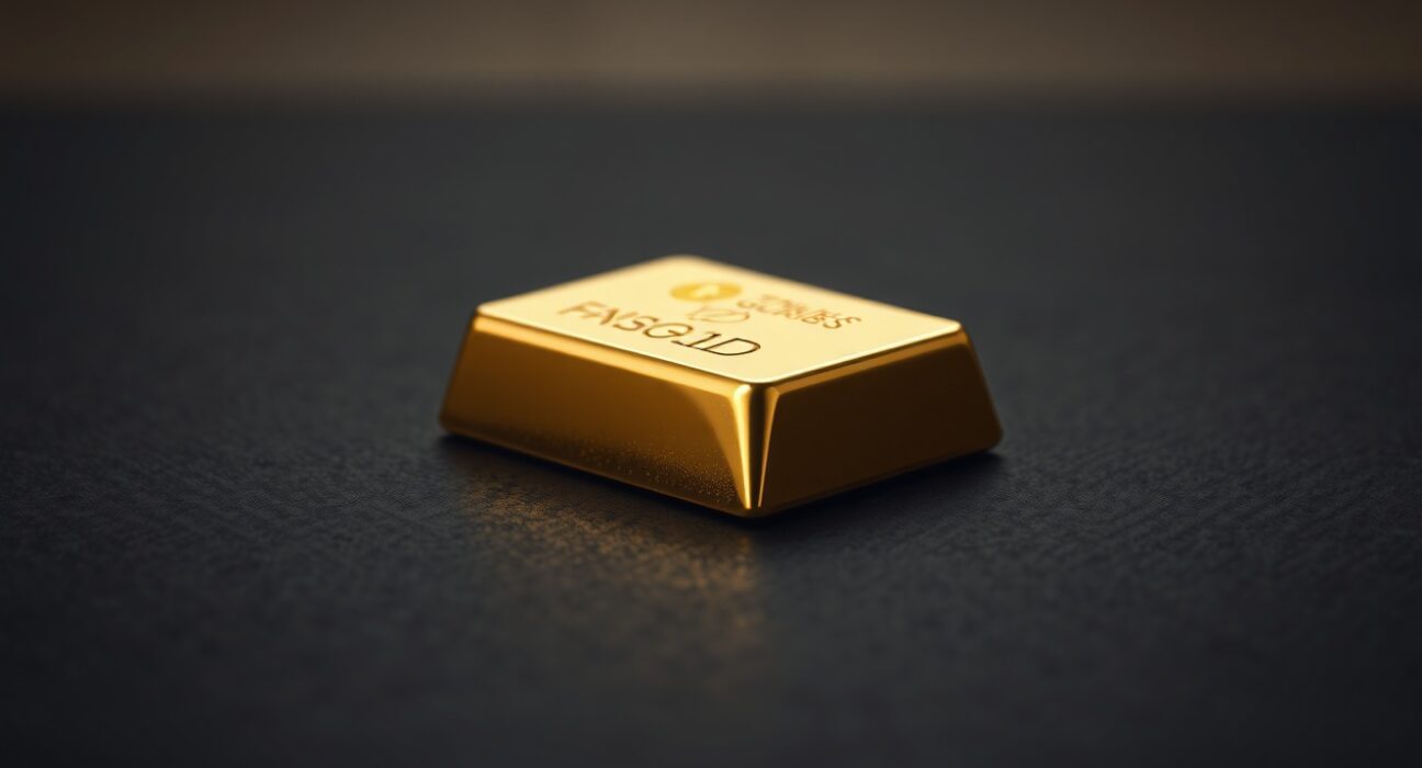 Close-up of a gold bar on a dark surface with soft reflections, representing gold price consolidation near $4,500.