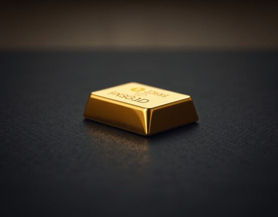 Close-up of a gold bar on a dark surface with soft reflections, representing gold price consolidation near $4,500.