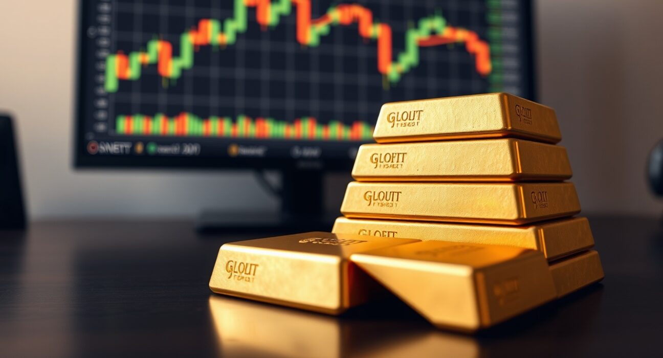 Stacked gold bullion bars with a financial market chart monitor in the background