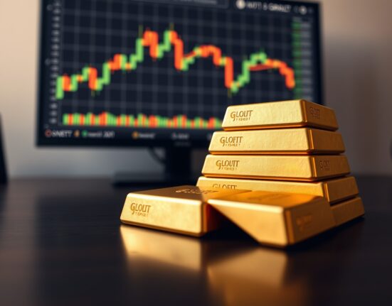 Stacked gold bullion bars with a financial market chart monitor in the background