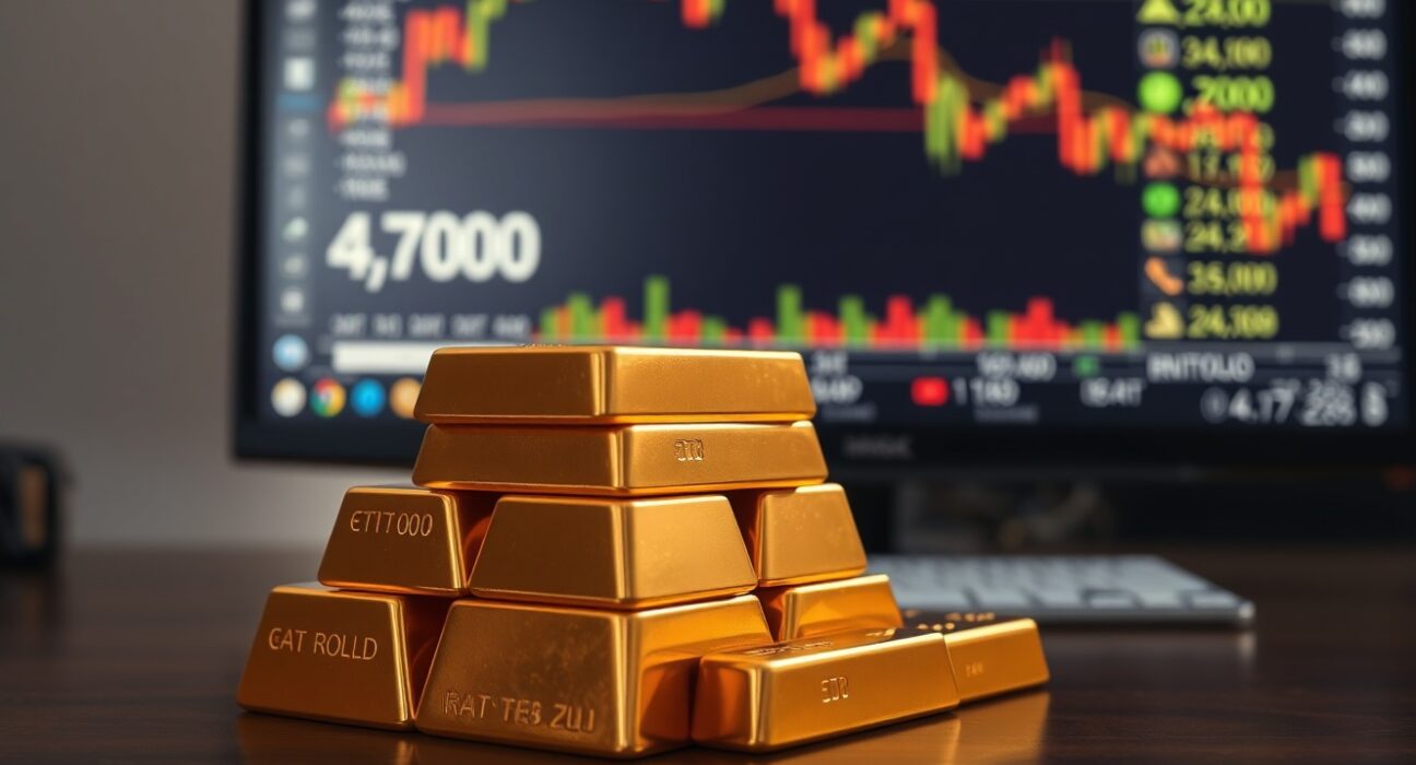Stacked gold bars with a financial chart showing gold near $4,700 in the background