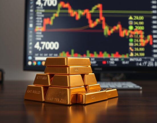 Stacked gold bars with a financial chart showing gold near $4,700 in the background