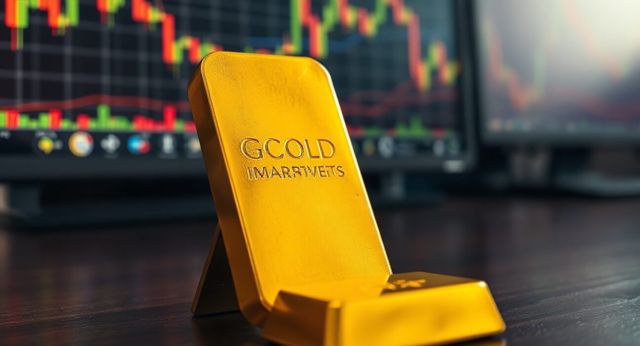 Gold bar resting on wooden surface with blurred financial charts in background
