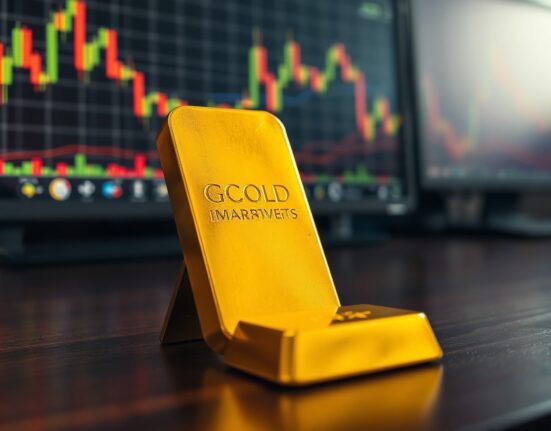 Gold bar resting on wooden surface with blurred financial charts in background