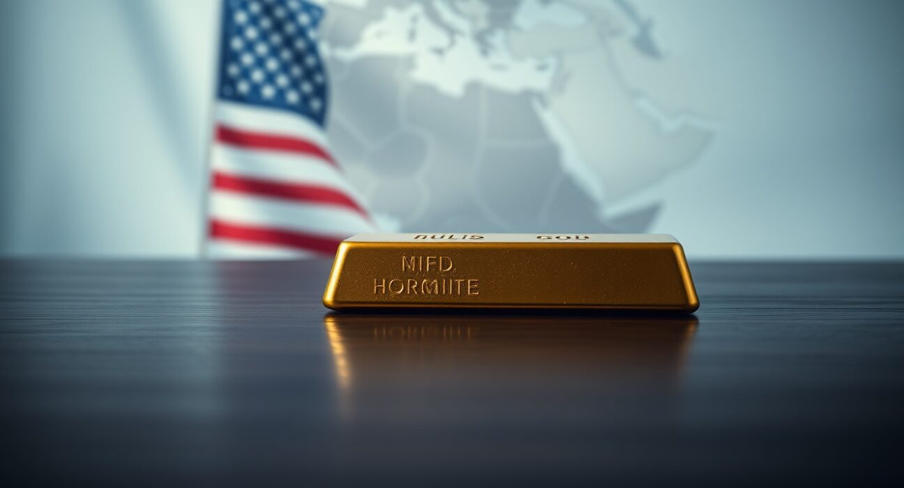 Gold bullion bar on wooden surface with subtle US flag and Middle East map in background