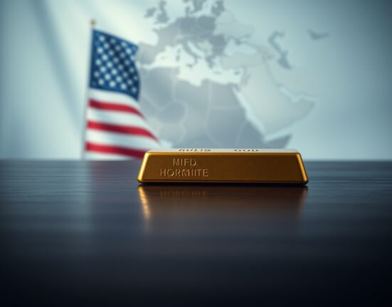 Gold bullion bar on wooden surface with subtle US flag and Middle East map in background