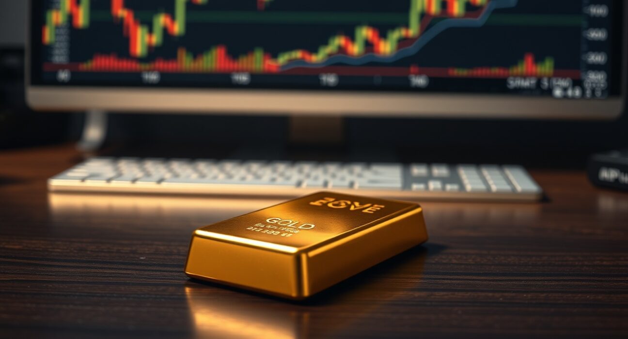 Gold bar on wooden surface with financial charts in background