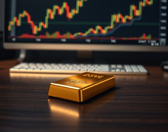 Gold bar on wooden surface with financial charts in background