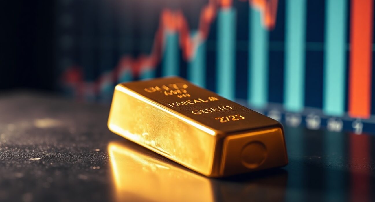Gold bar on reflective surface with a faint financial chart in the background, symbolizing market analysis.