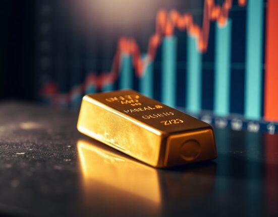 Gold bar on reflective surface with a faint financial chart in the background, symbolizing market analysis.