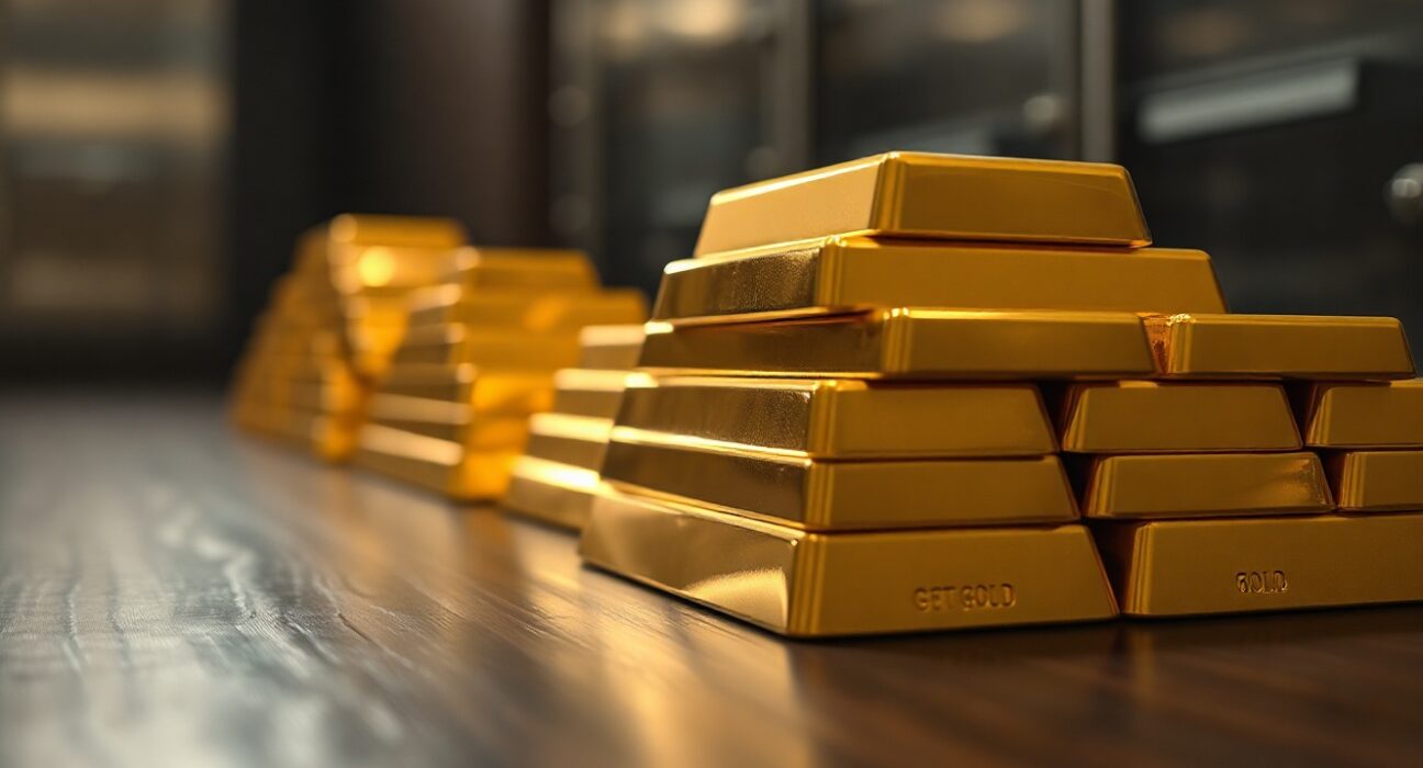 Stack of gold bars on a dark wooden surface with soft lighting