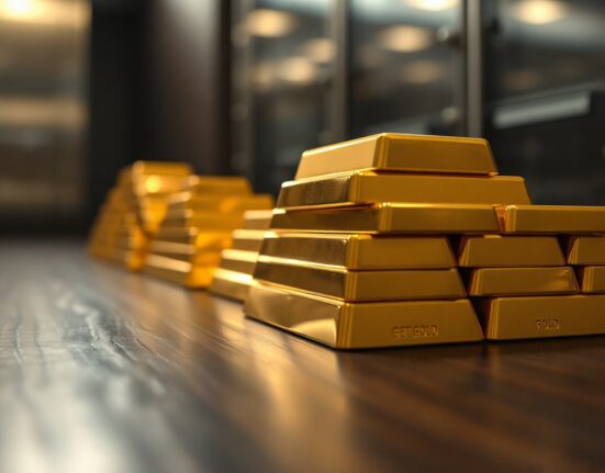 Stack of gold bars on a dark wooden surface with soft lighting