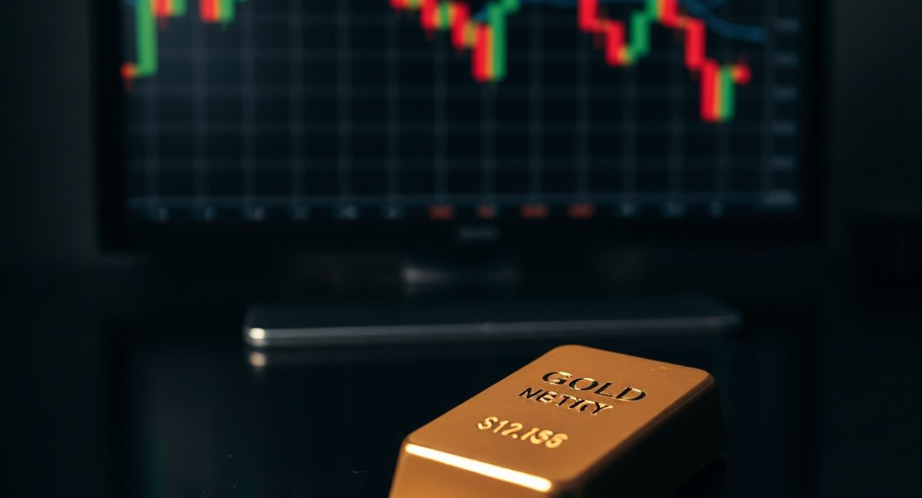 Close-up of a gold bar with a blurred financial chart in the background, illustrating market pressure on gold prices.