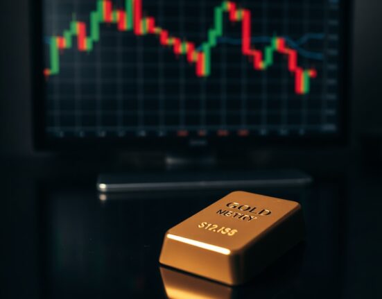 Close-up of a gold bar with a blurred financial chart in the background, illustrating market pressure on gold prices.