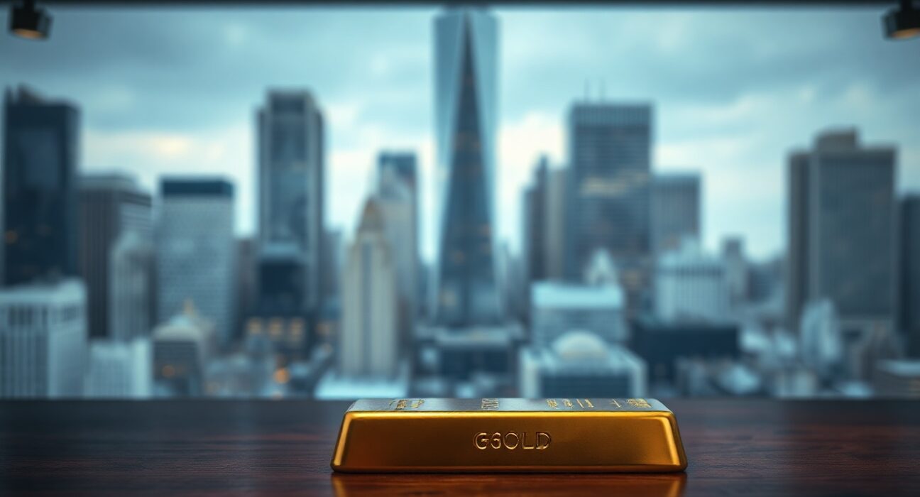 Gold bar on dark surface with financial district skyline background, representing market uncertainty