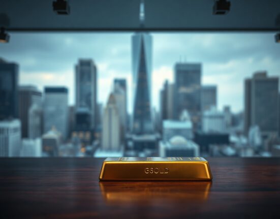 Gold bar on dark surface with financial district skyline background, representing market uncertainty