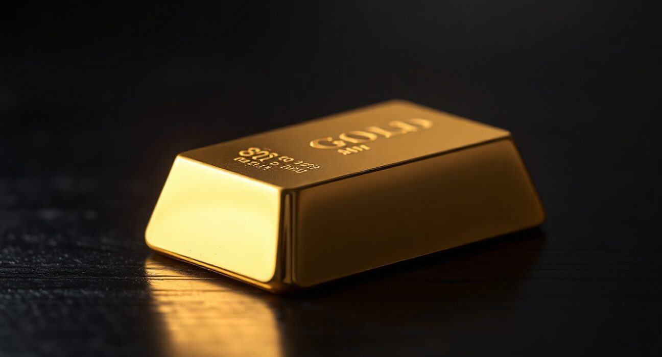 Close-up of a gold bar on a dark surface, representing precious metal prices under pressure.