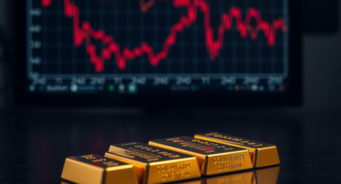 Gold bars with declining price chart in background reflecting market pressure