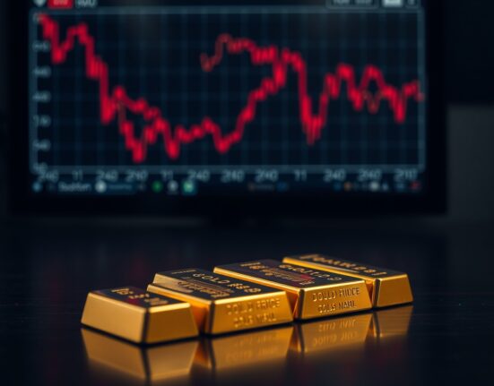 Gold bars with declining price chart in background reflecting market pressure