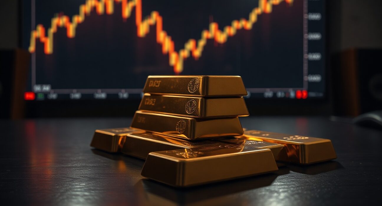 Stacked gold bars with a blurred financial chart in the background, reflecting market uncertainty.