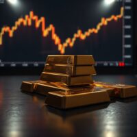 Stacked gold bars with a blurred financial chart in the background, reflecting market uncertainty.