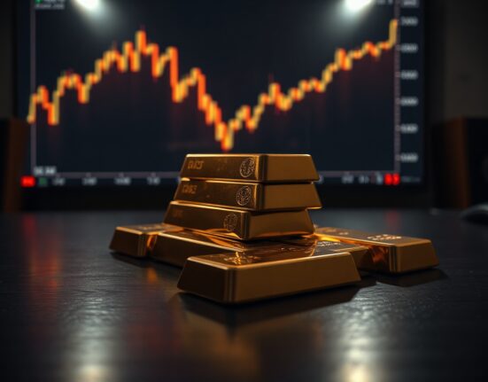 Stacked gold bars with a blurred financial chart in the background, reflecting market uncertainty.