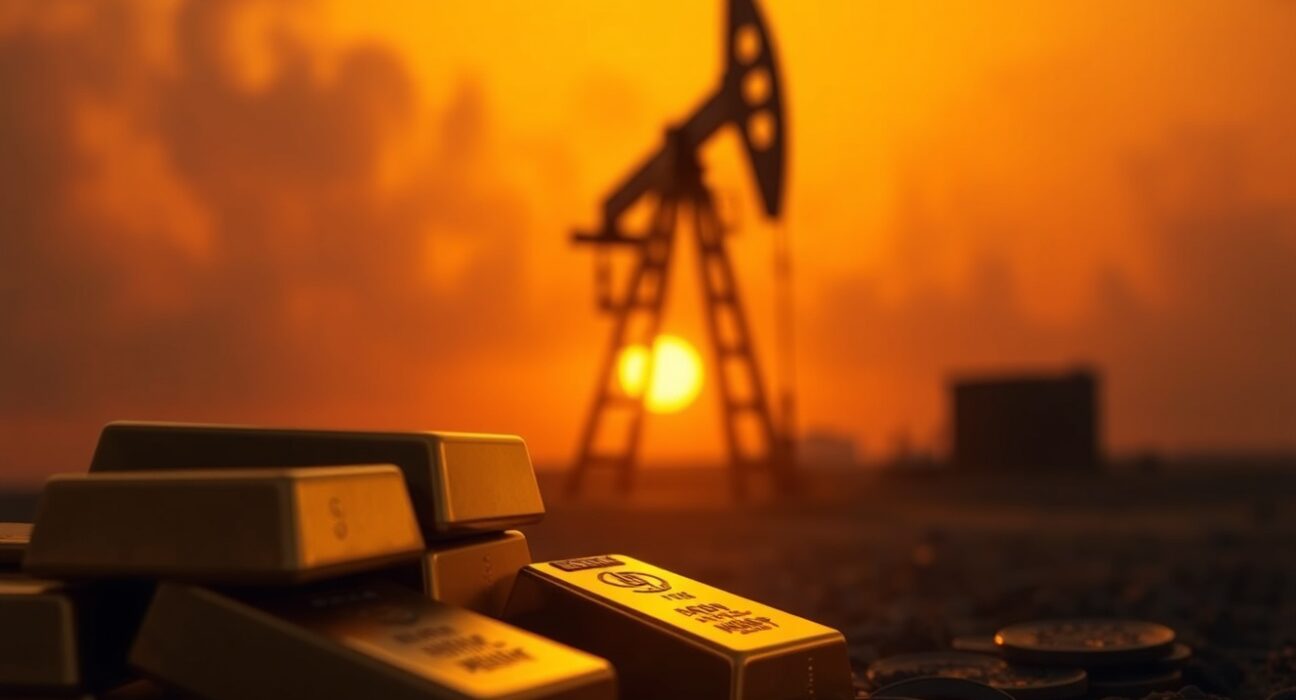 Gold bars near one-month lows with oil pump jack in background, representing oil-driven inflation and US-Iran tensions weighing on gold.