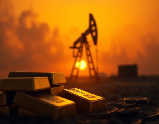 Gold bars near one-month lows with oil pump jack in background, representing oil-driven inflation and US-Iran tensions weighing on gold.