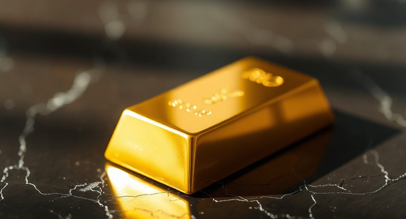 Close-up of a gold bar on a dark surface with soft lighting, representing precious metals market analysis.