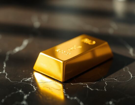 Close-up of a gold bar on a dark surface with soft lighting, representing precious metals market analysis.
