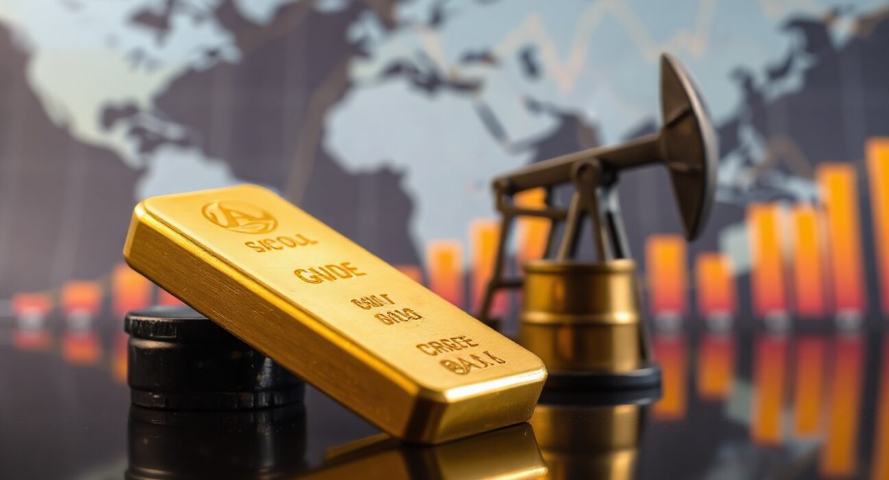 Gold bullion bar and oil barrel model symbolizing market impact of geopolitical tensions