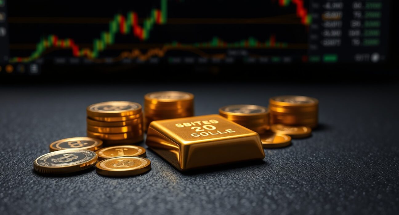 Close-up of gold bars and coins with financial charts blurred in background