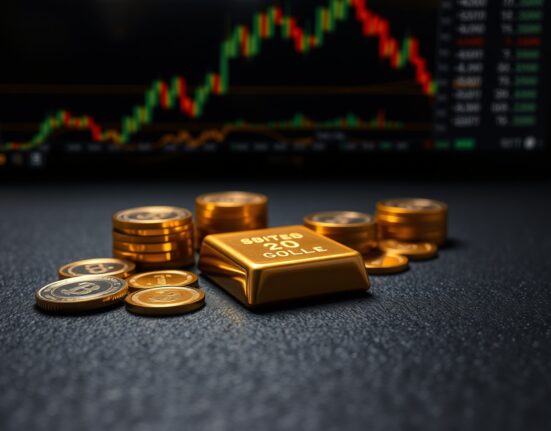 Close-up of gold bars and coins with financial charts blurred in background